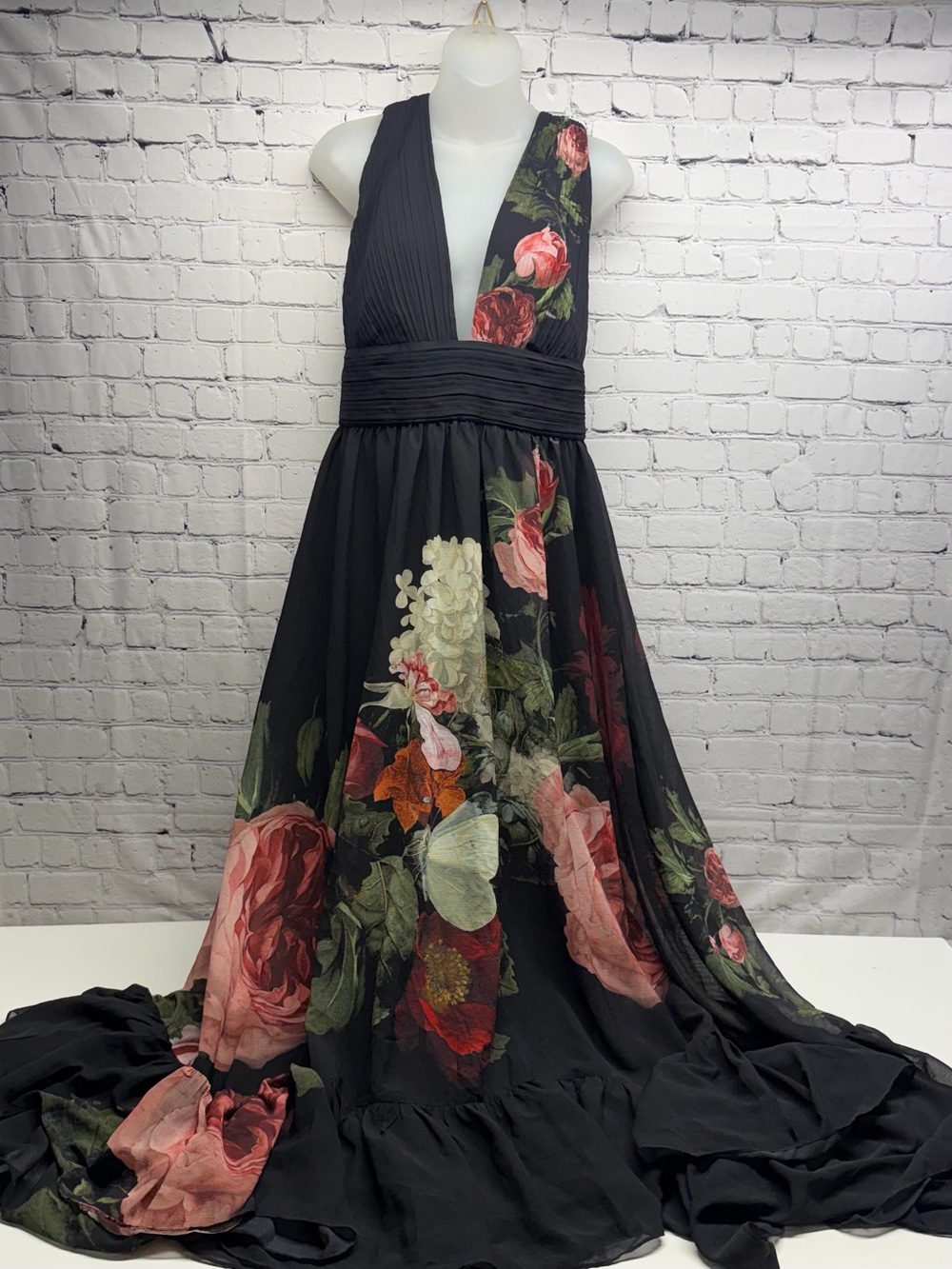 Alice + Olivia Black Maxi Dress royal  Floral Print cape back gown12 nwt - Picture 5 of 16